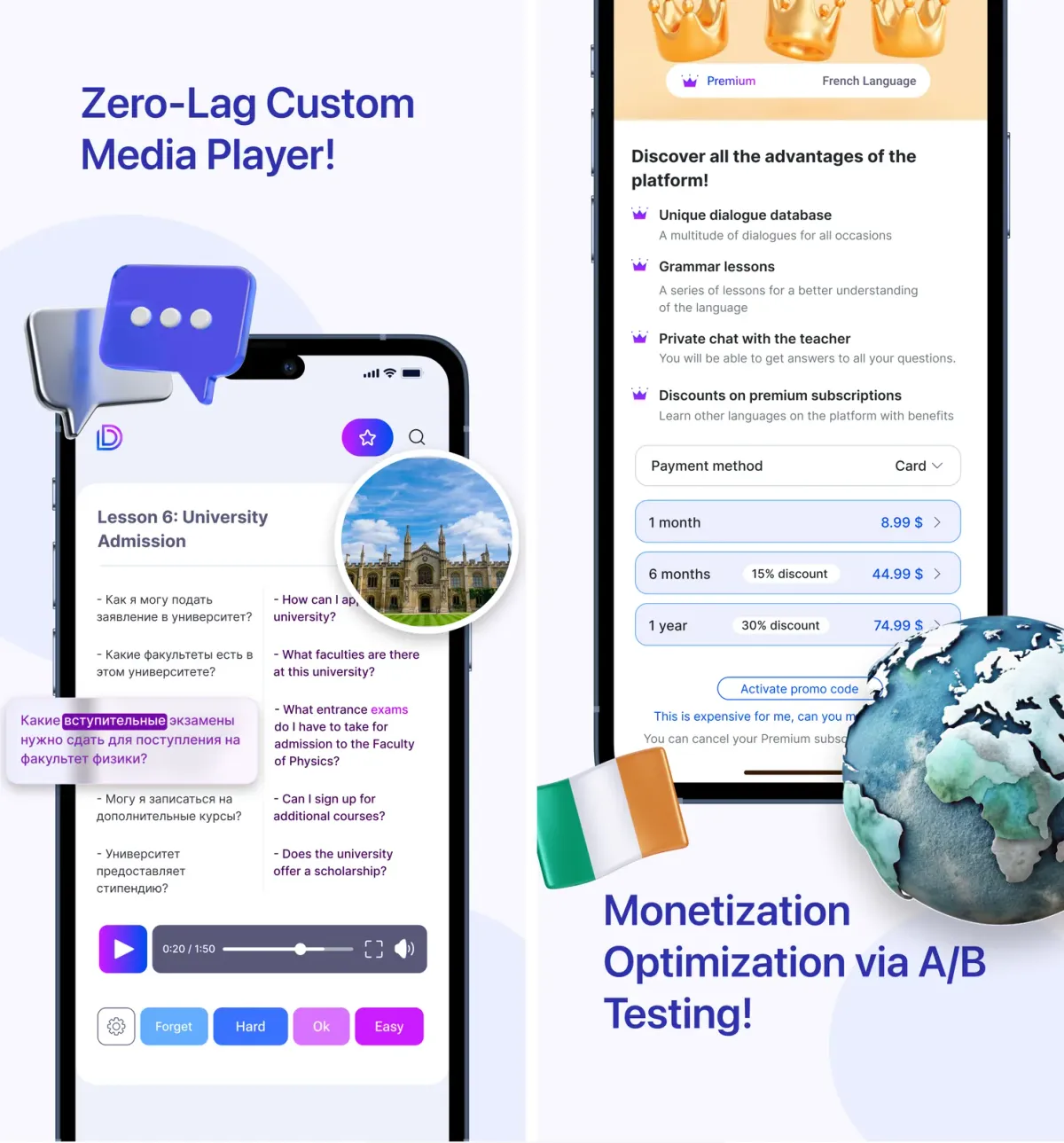 Dialang, Lesson player and premium plans