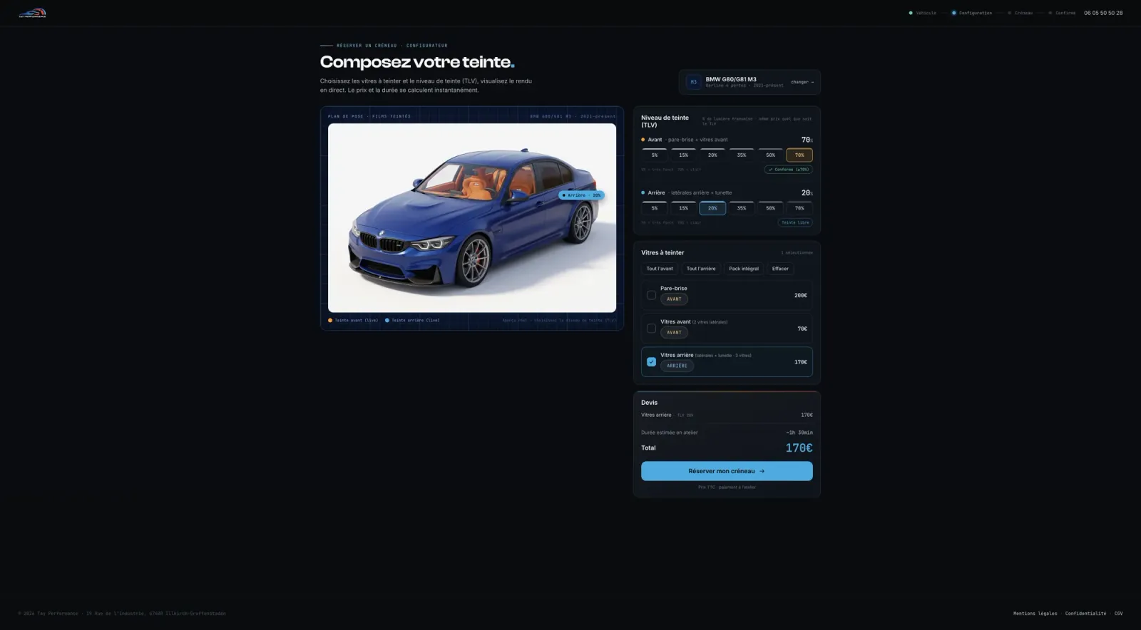 Tay Performance, Tint configurator with a live price