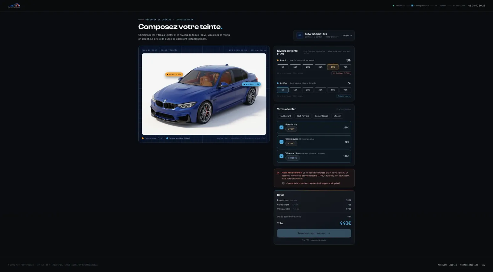 Tay Performance, French tint rules checked before booking